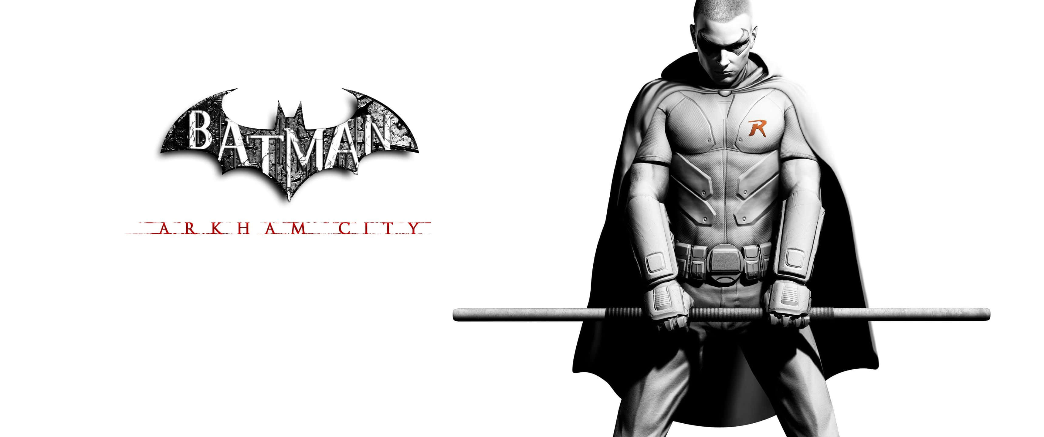 3440x1440p Batman Arkham City 桌布 壁紙 — 蝙蝠俠：阿卡漢城市標誌旁邊，一幅粗獷的黑白插圖，描繪羅賓手持警棍。