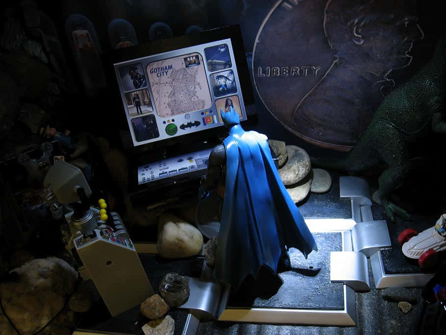 Batcave 桌布 壁紙 — 蝙蝠俠人偶站在發光的電腦螢幕前，螢幕上顯示著高譚市地圖，地點是一個光線昏暗的洞穴式藏身處。