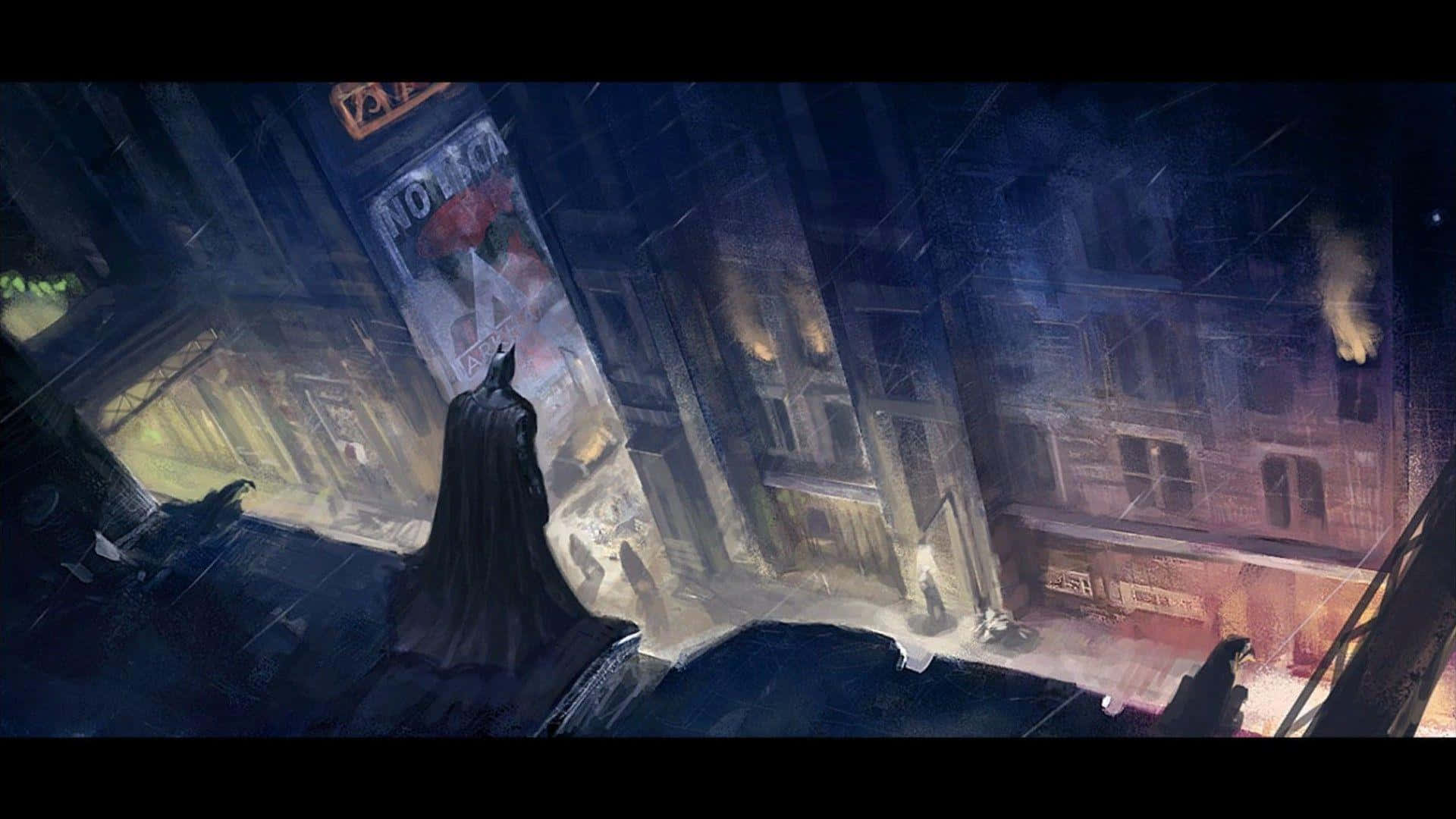 Bruce Wayne 桌布 壁紙 — 蝙蝠俠以剪影姿態站在屋頂上，俯瞰雨夜中霓虹燈在霧氣中閃爍的高譚市街道。