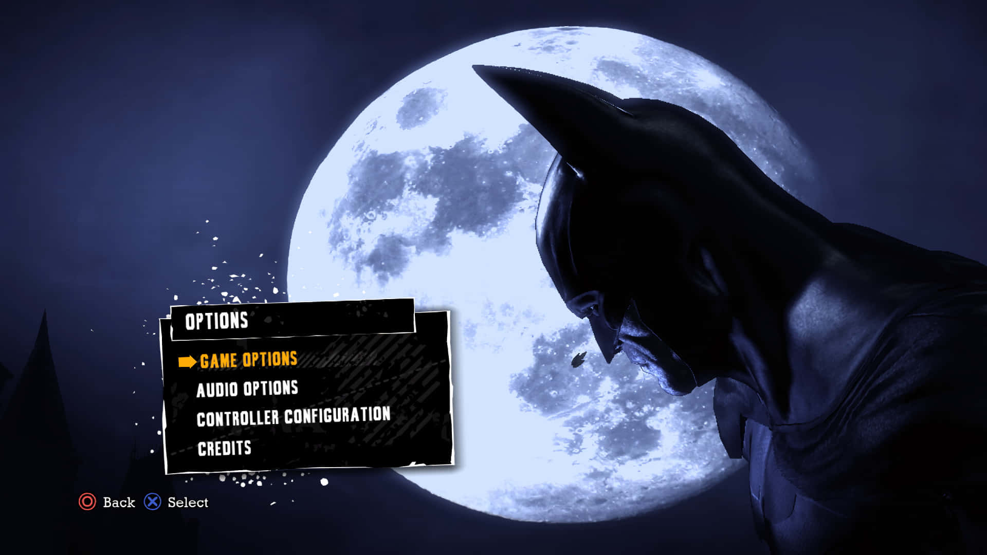 Arkham Asylum 桌布 壁紙 — 蝙蝠俠以剪影姿態站在巨大的發光月亮前，附近漂浮著遊戲選項選單。