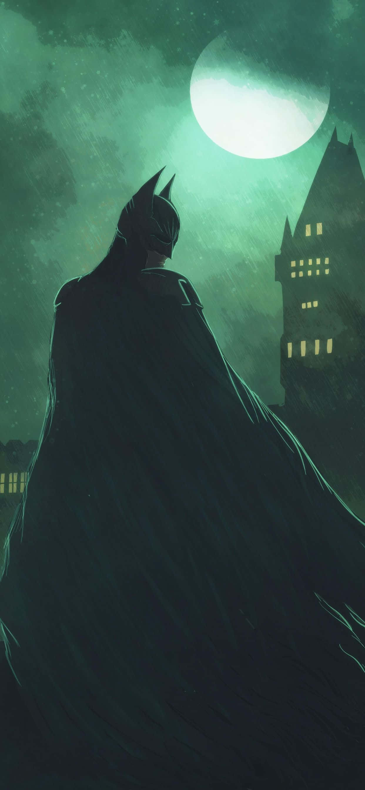 Batman Aesthetic 桌布 壁紙 — 蝙蝠俠以剪影姿態站在發光的綠色月光天空下，俯瞰著窗戶明亮的哥德式城市景觀。