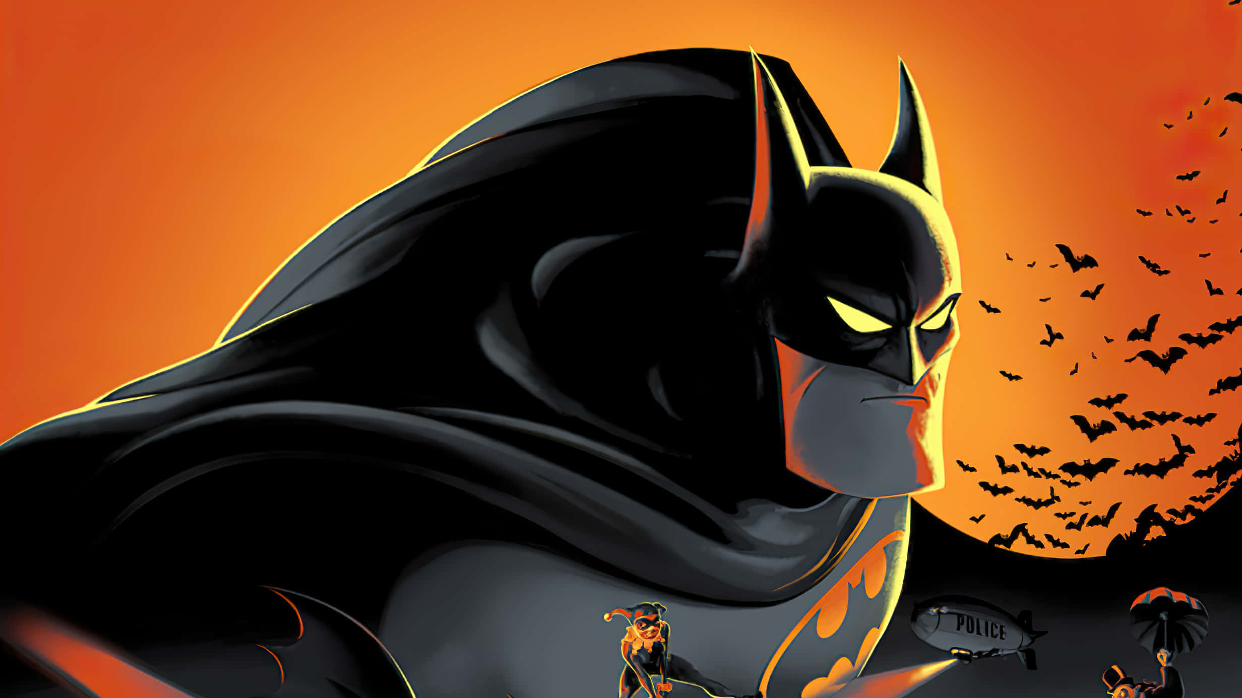 Bats 桌布 壁紙 — 蝙蝠俠以剪影姿態站立在火紅橙色的天空前，蝙蝠圍繞滿月飛舞。