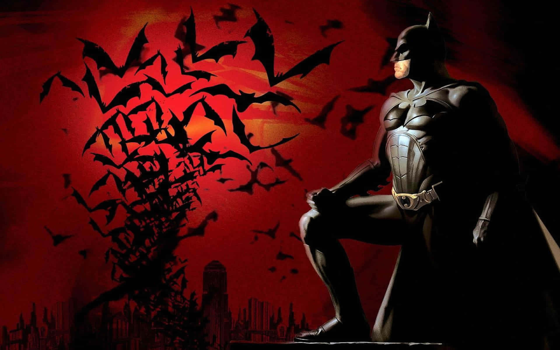 bat 桌布 壁紙 — 蝙蝠俠以剪影姿態站立在血紅色的天空前，一群蝙蝠從城市天際線的剪影中湧出。