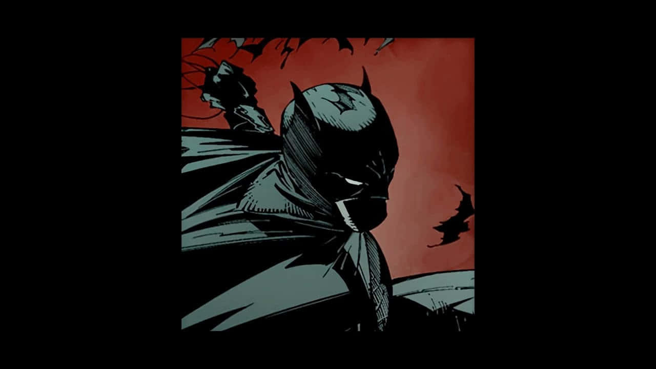 Batman Year One 桌布 壁紙 — 蝙蝠俠以剪影姿態站立在血紅色的天空前，蝙蝠在他周圍飛翔，呈現 gritty 漫畫風格。