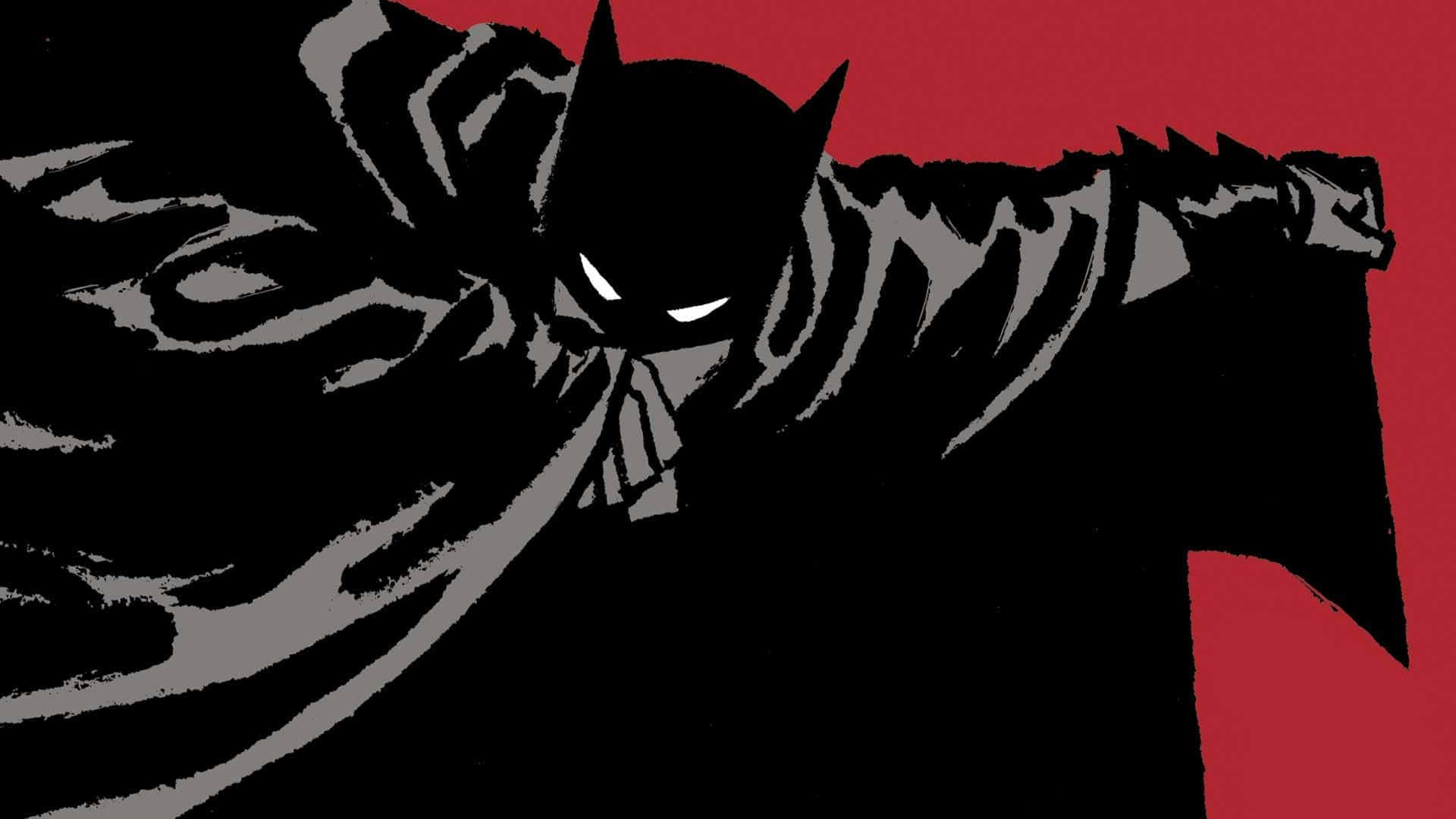 The Caped Crusader 桌布 壁紙 — 蝙蝠俠以剪影姿態站立在鮮豔的紅色背景前，披風飄揚，發光的白色眼睛直視前方。