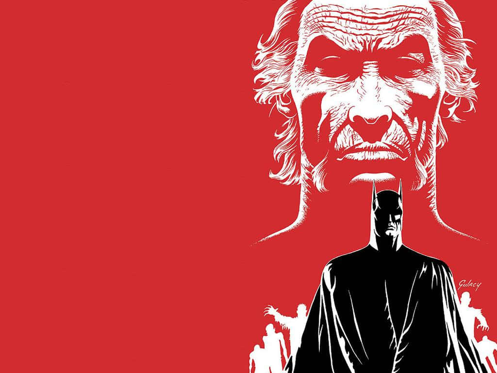 Batman Year One 桌布 壁紙 — 蝙蝠俠以剪影形式站立在一個迫近的白色骷髏臉下方，背景為大膽的紅色。