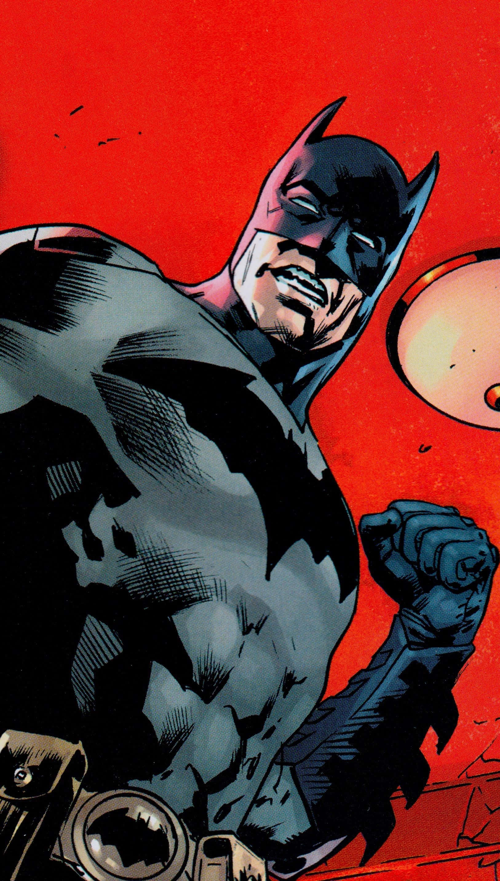 Batman Knightfall 桌布 壁紙 — 蝙蝠俠以動感姿態站立在火紅背景前，握緊拳頭，表情堅定。