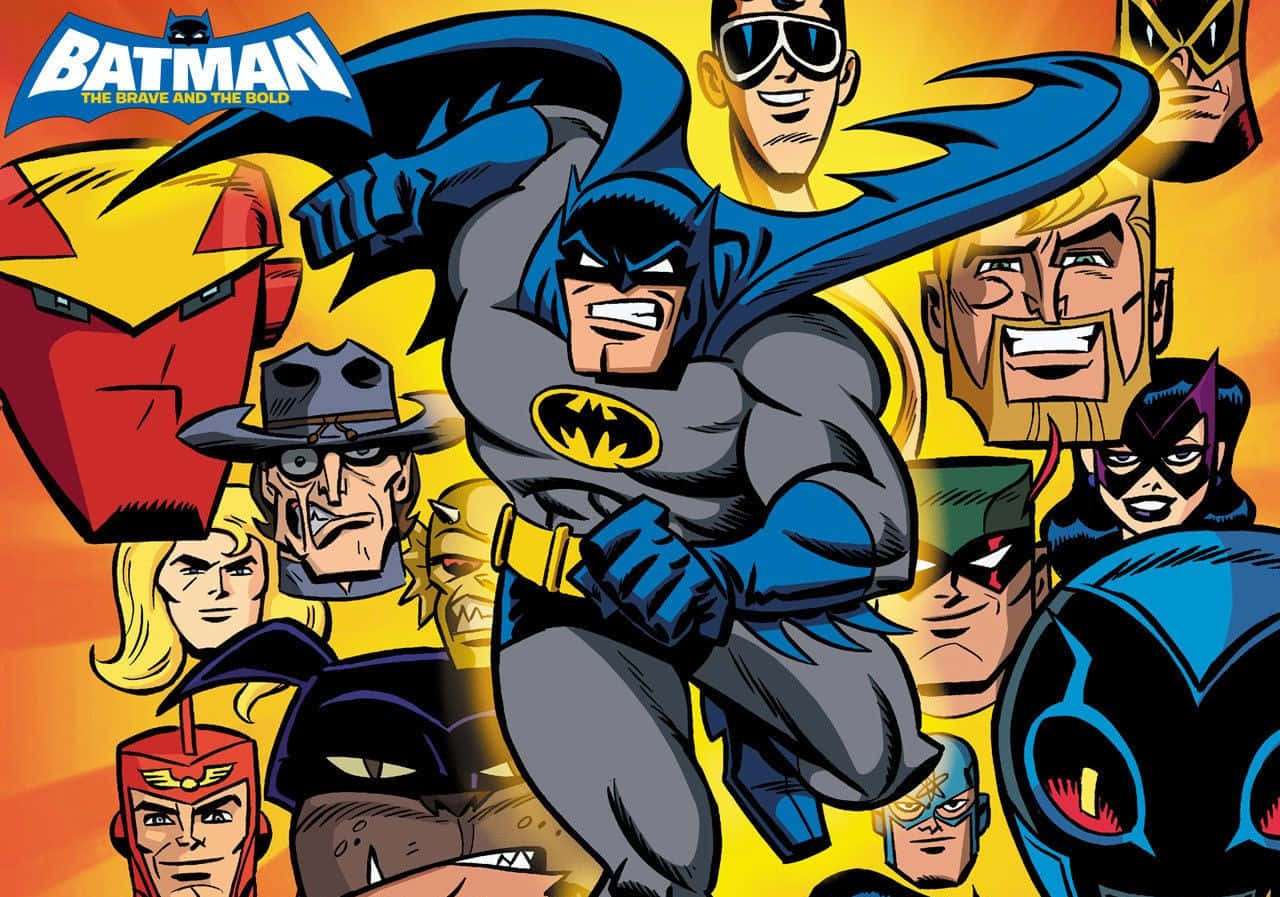 Batman The Brave And The Bold 桌布 壁紙 — 蝙蝠俠以動態姿勢向前躍進，周圍是漫畫英雄和反派的拼貼畫，背景是火熱的黃色。