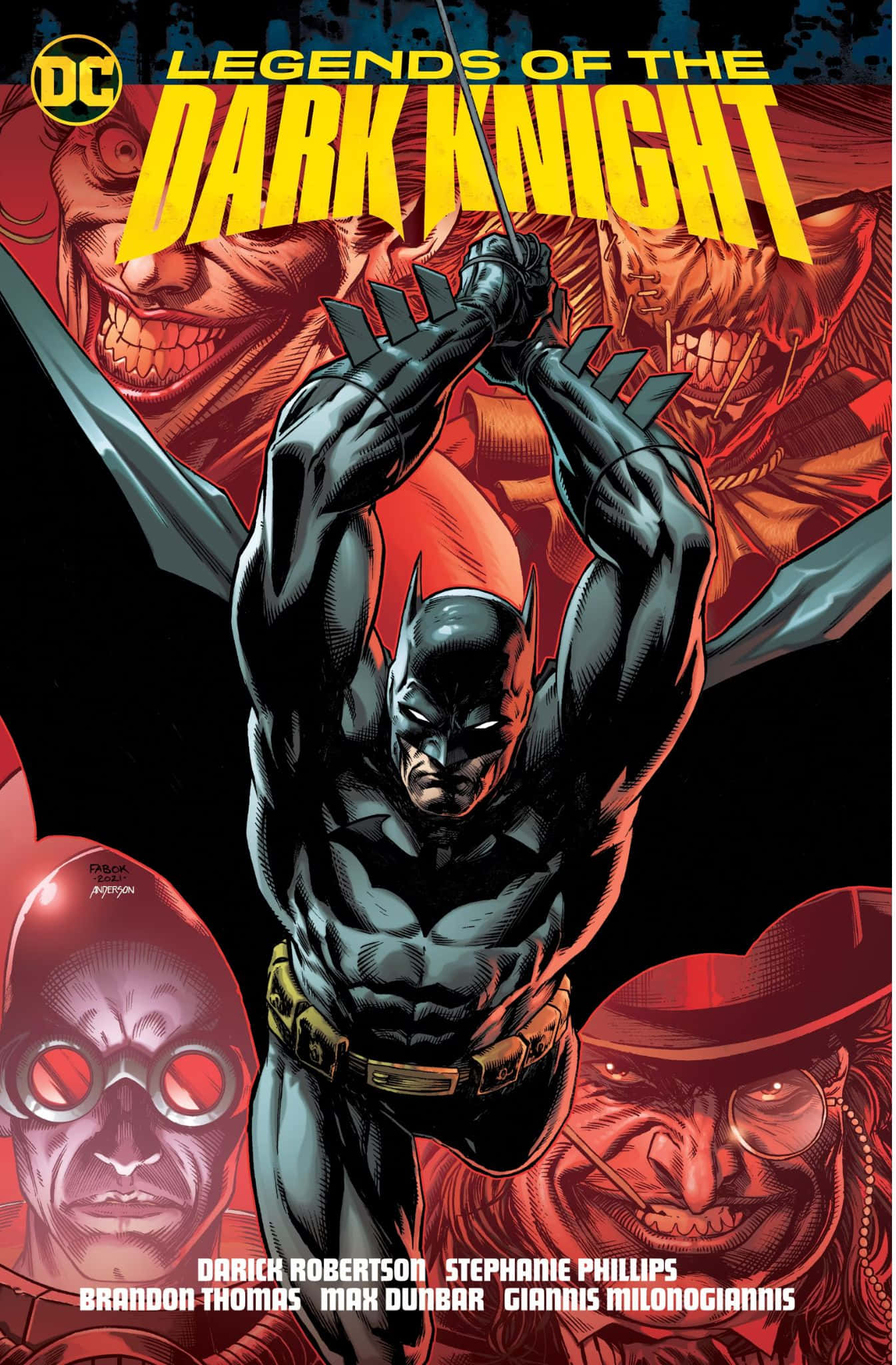 Legends Of The Dark Knight 桌布 壁紙 — 蝙蝠俠以動態姿勢挑釁地站立，被威脅性的惡棍包圍，背景為深紅色和黑色。