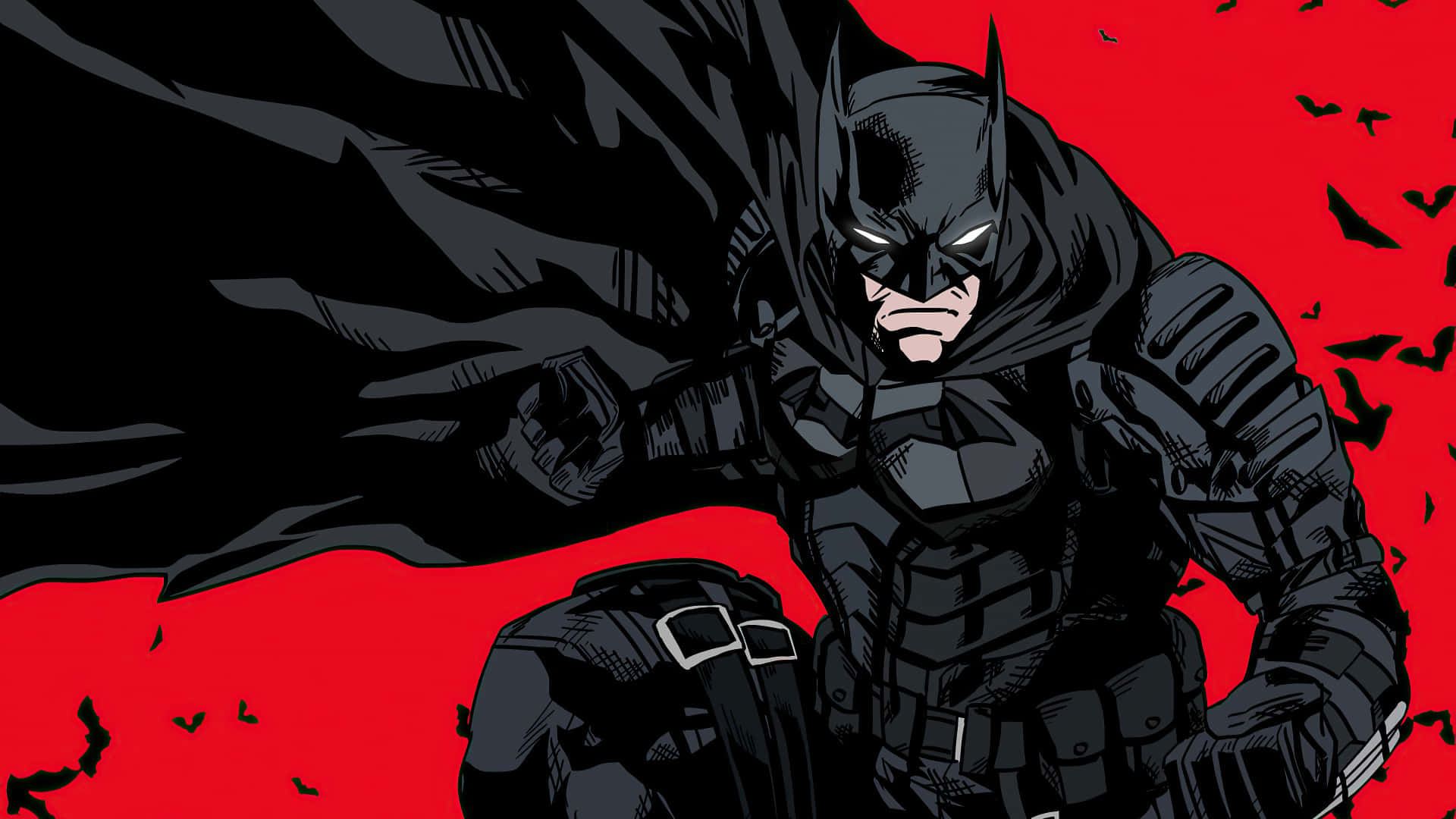1920 X 1080 Batman 桌布 壁紙 — 蝙蝠俠以動態姿勢站在鮮紅色背景前，黑色蝙蝠在他周圍飛翔。