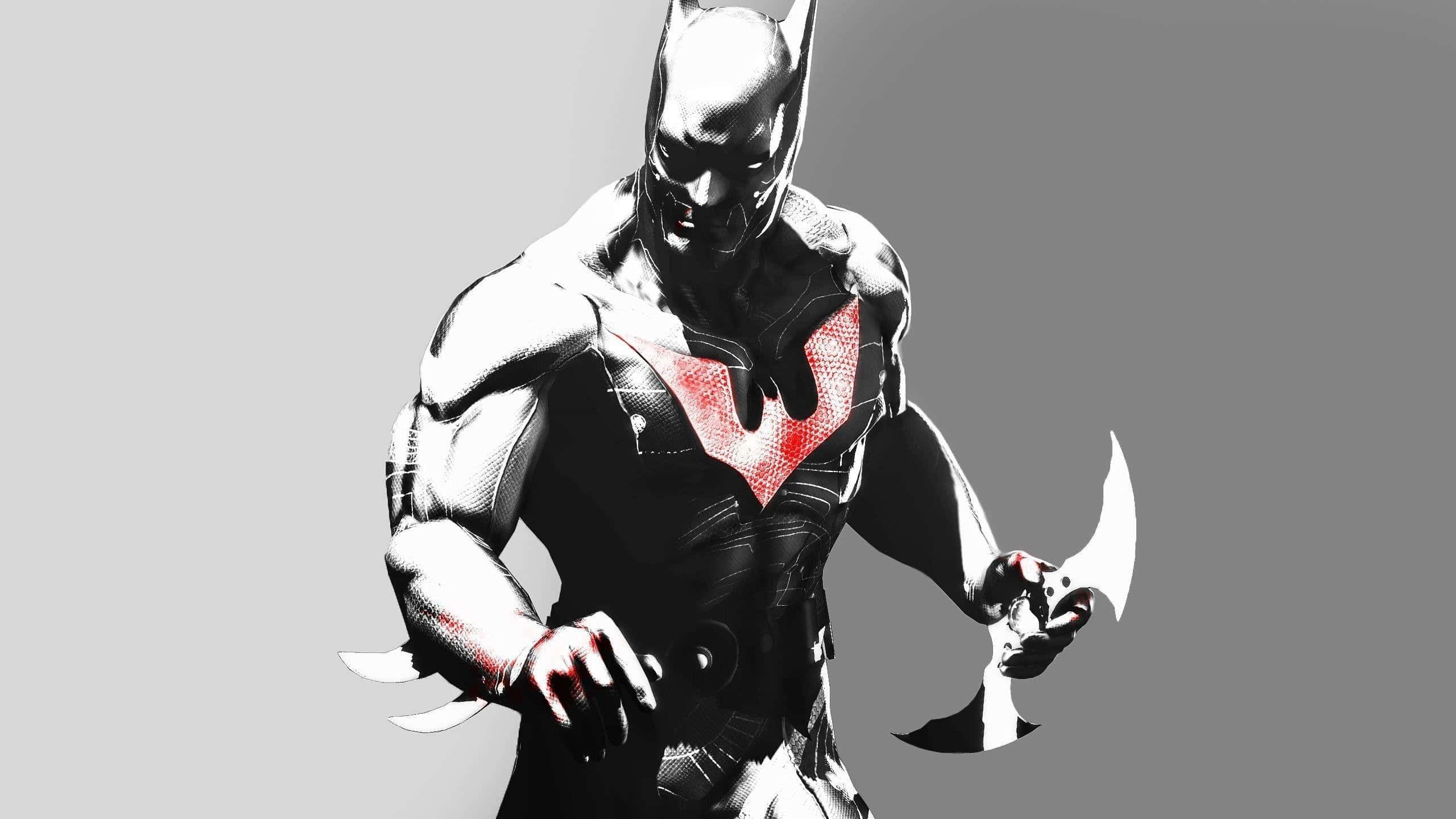Batman Logo 桌布 壁紙 — 蝙蝠俠以動態姿勢站立，帶有發光的紅色蝙蝠標誌和鋒利的爪子，背景為灰色。