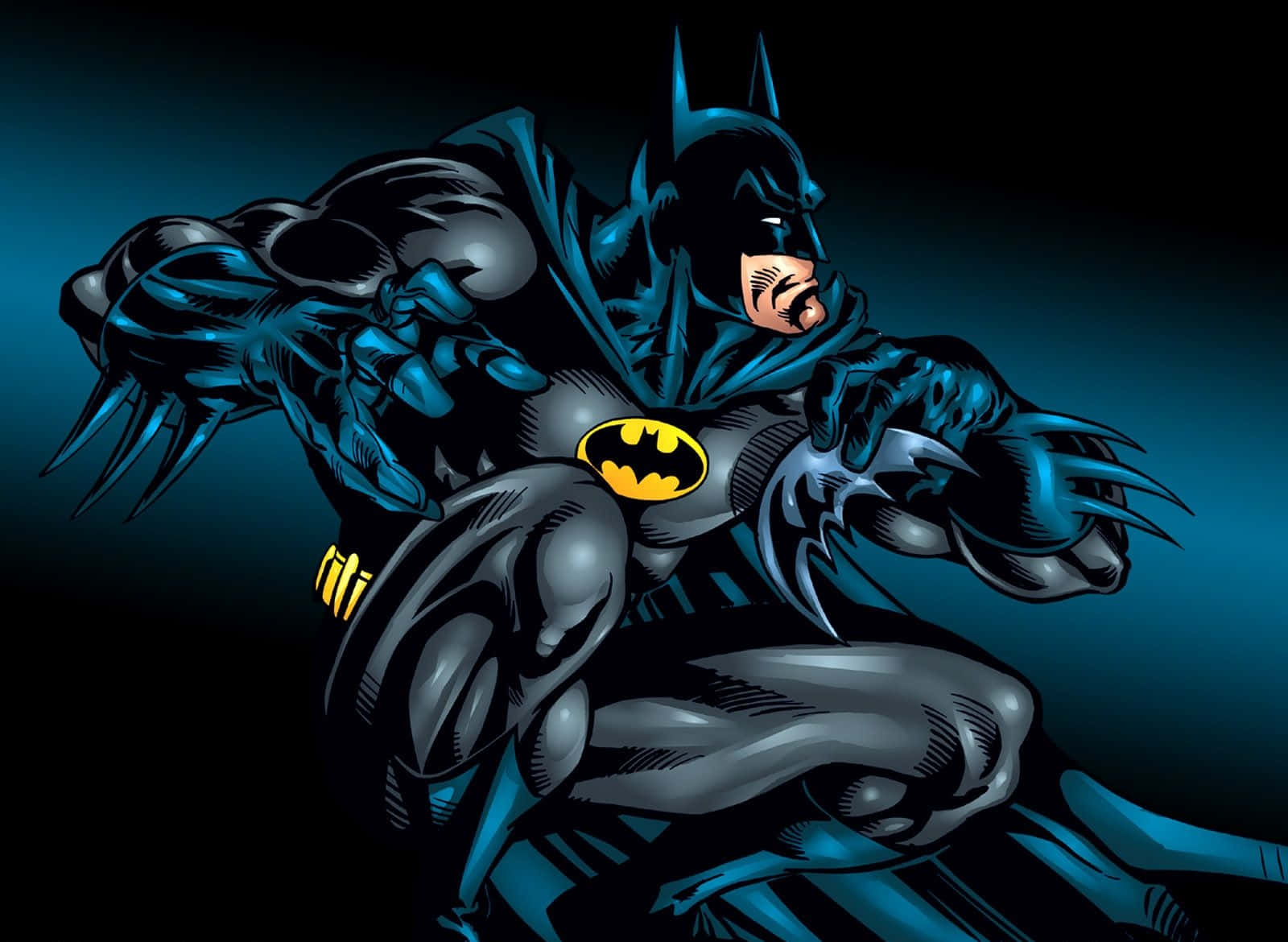 Batman Cartoon 桌布 壁紙 — 蝙蝠俠以動態姿勢蹲下，背景為深藍色漸變，帶有發光的黃色蝙蝠標誌。