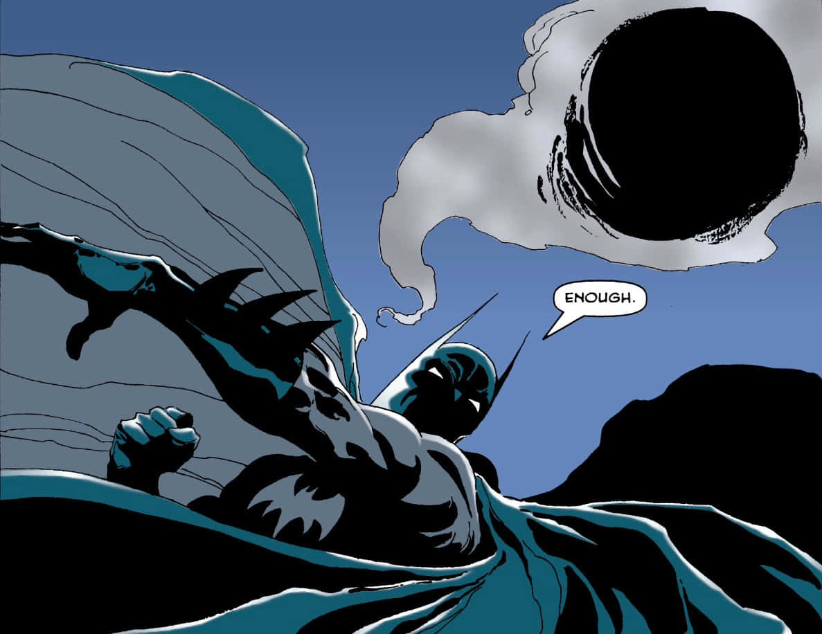 Batman The Long Halloween 桌布 壁紙 — 蝙蝠俠以動態姿勢面對藍天下旋轉的黑色虛空，對話框說「夠了」。