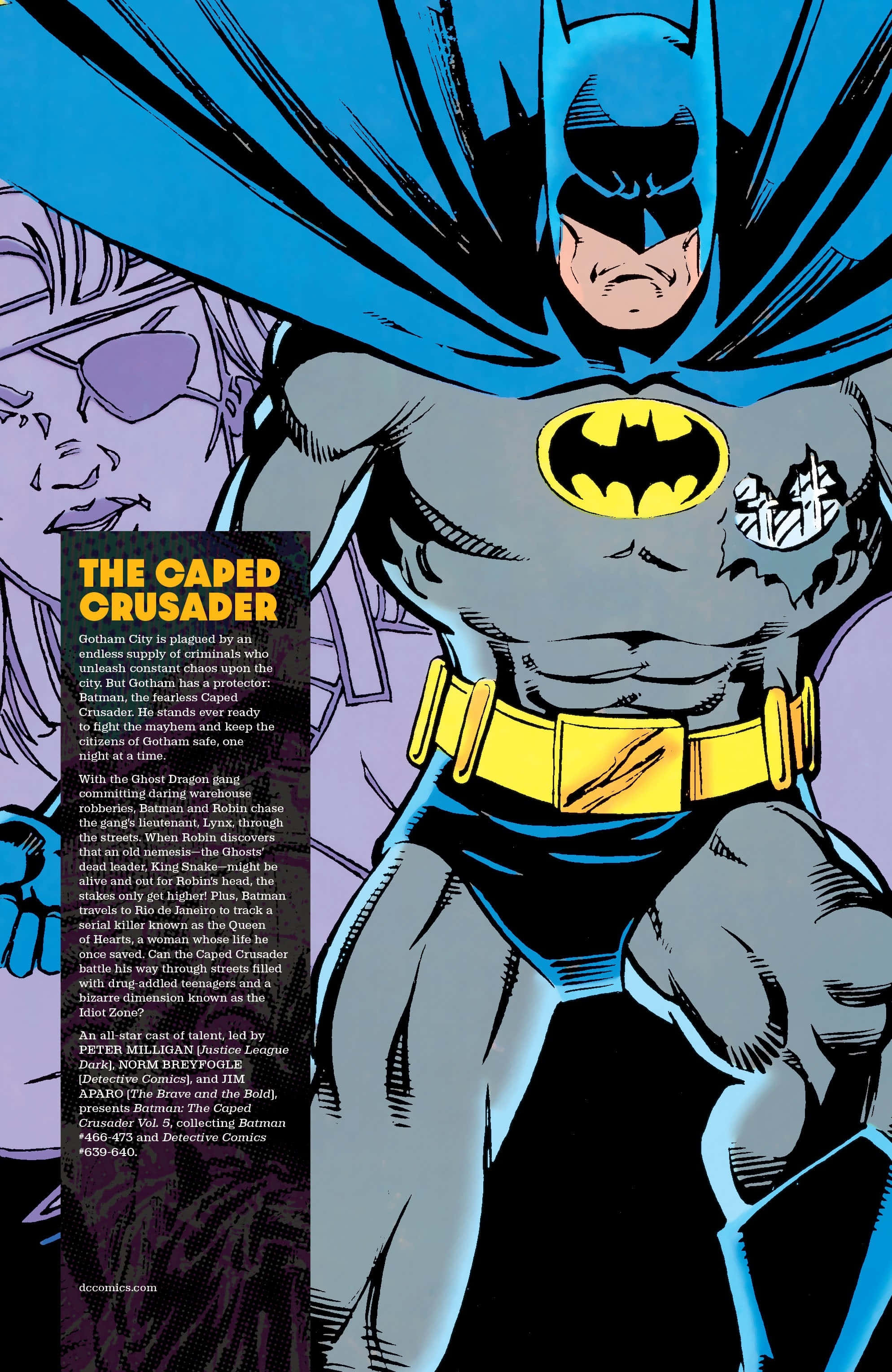 The Caped Crusader 桌布 壁紙 — 蝙蝠俠以動態漫畫姿勢站立，披風飄揚，拳頭緊握，背景為紫色並帶有文字。
