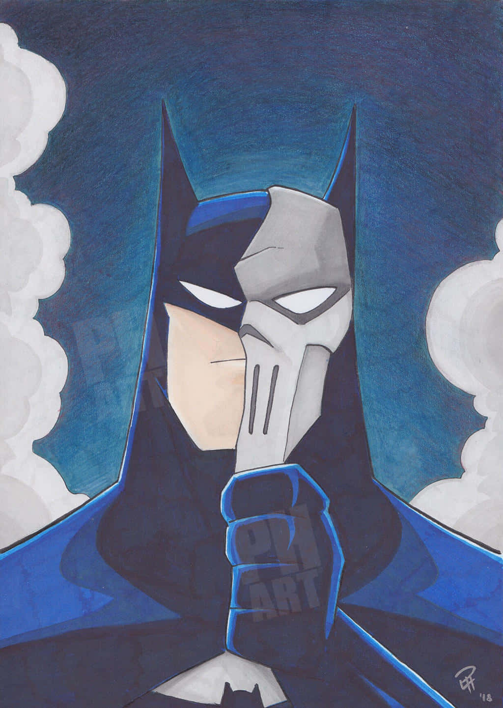 Batman Mask Of The Phantasm 桌布 壁紙 — 蝙蝠俠以嚴肅表情站立於風格化插圖中，背景為深藍色天空和白色雲朵。