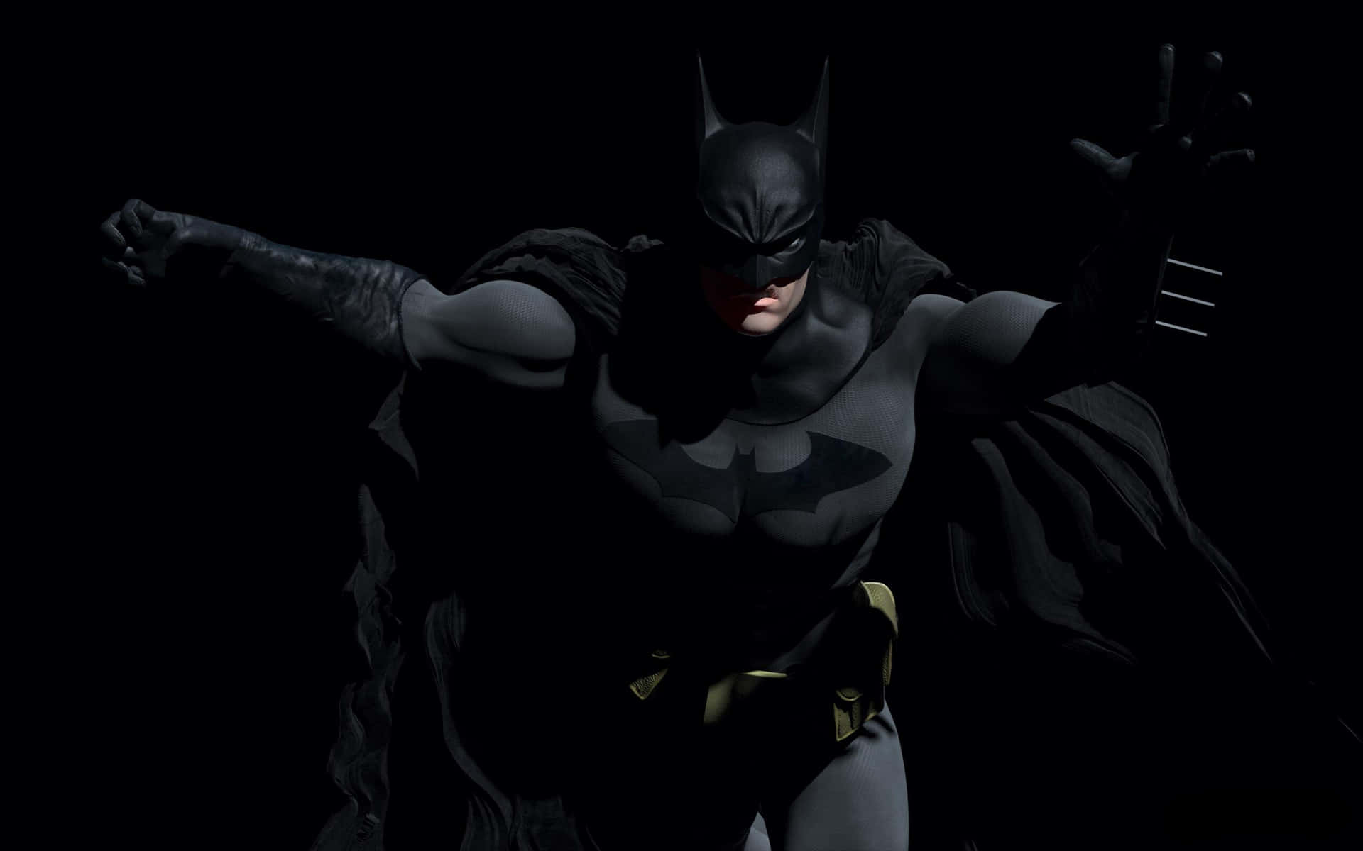 Batman Desktop 桌布 壁紙 — 蝙蝠俠以戲劇性的姿勢站在黑色背景前，強烈的燈光突顯了他肌肉發達的身形和披風。