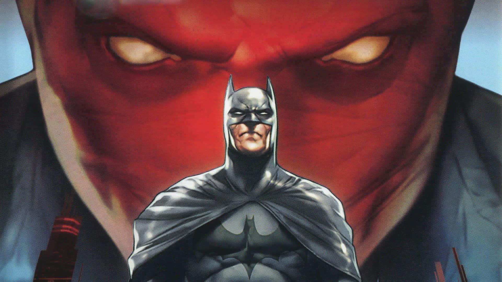 Batman Under The Red Hood 桌布 壁紙 — 蝙蝠俠以戲劇性的漫畫風格，挑釁地站在一個有著發光眼睛的紅色臉孔惡棍面前。