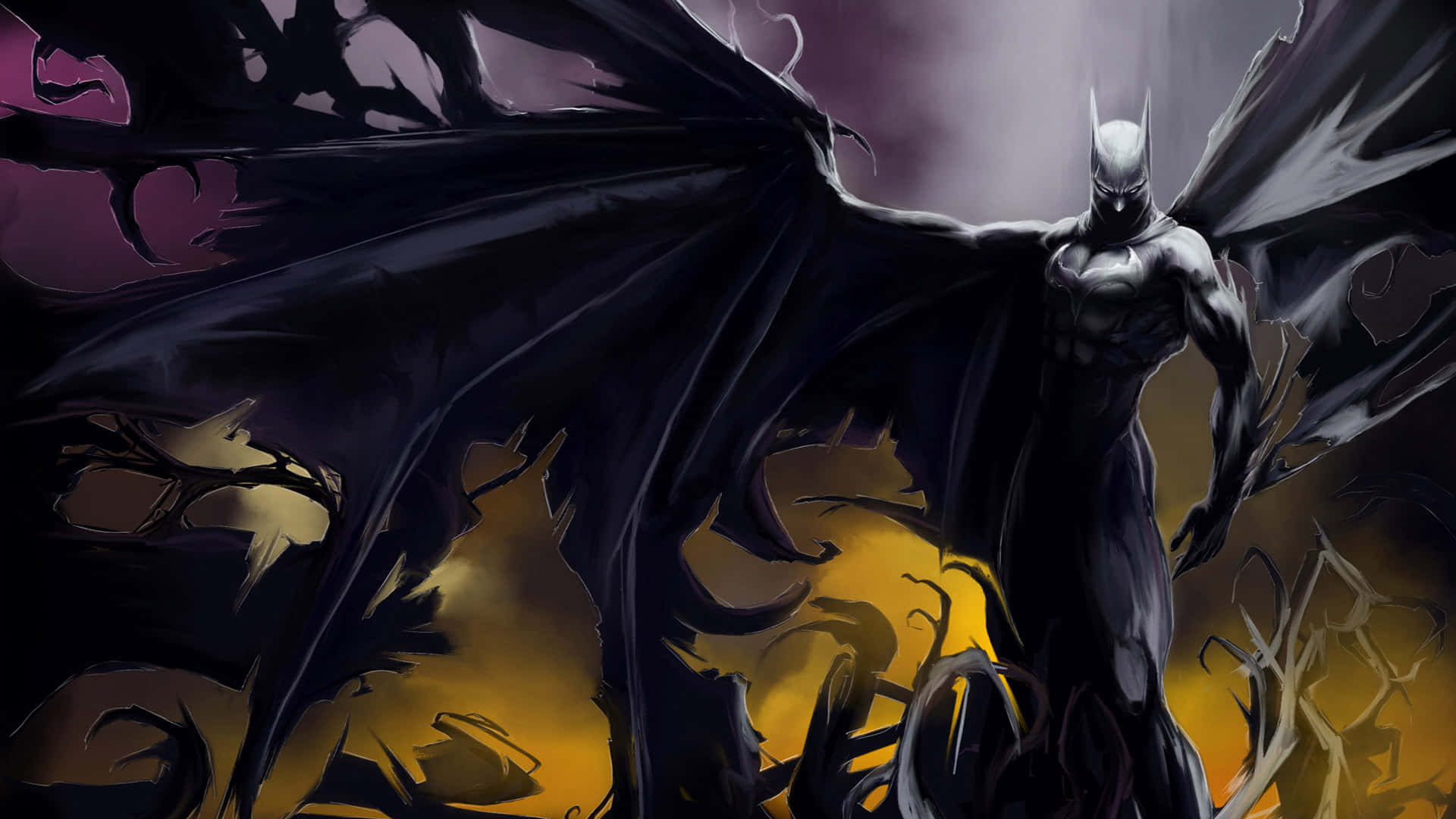 Awesome Batman 桌布 壁紙 — 蝙蝠俠以斗篷大張的姿態，威風凜凜地站在黑暗暴風雨的天空下，天空帶有火熱的橙色和紫色色調。