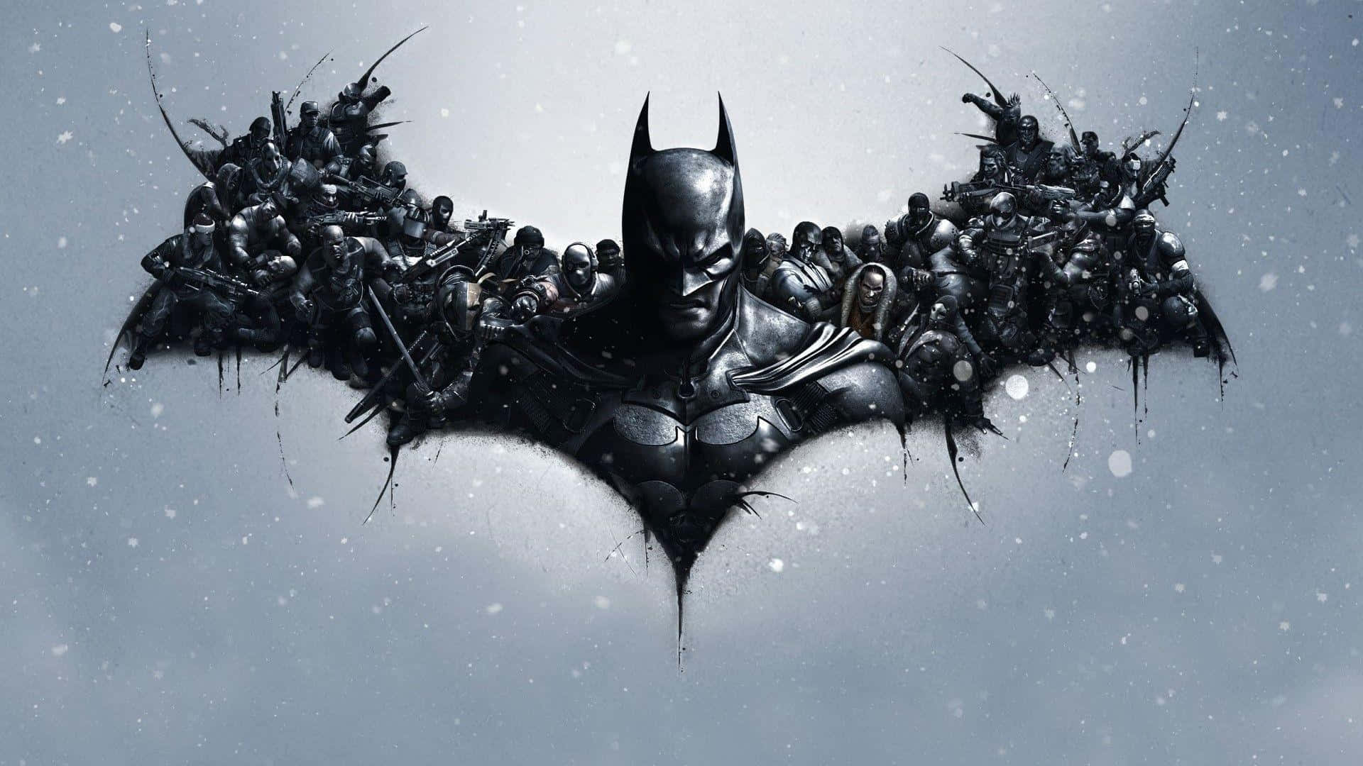 Batman Desktop 桌布 壁紙 — 蝙蝠俠以無數武裝盟友形成的黑暗蝙蝠剪影出現在雪白的灰色天空中。
