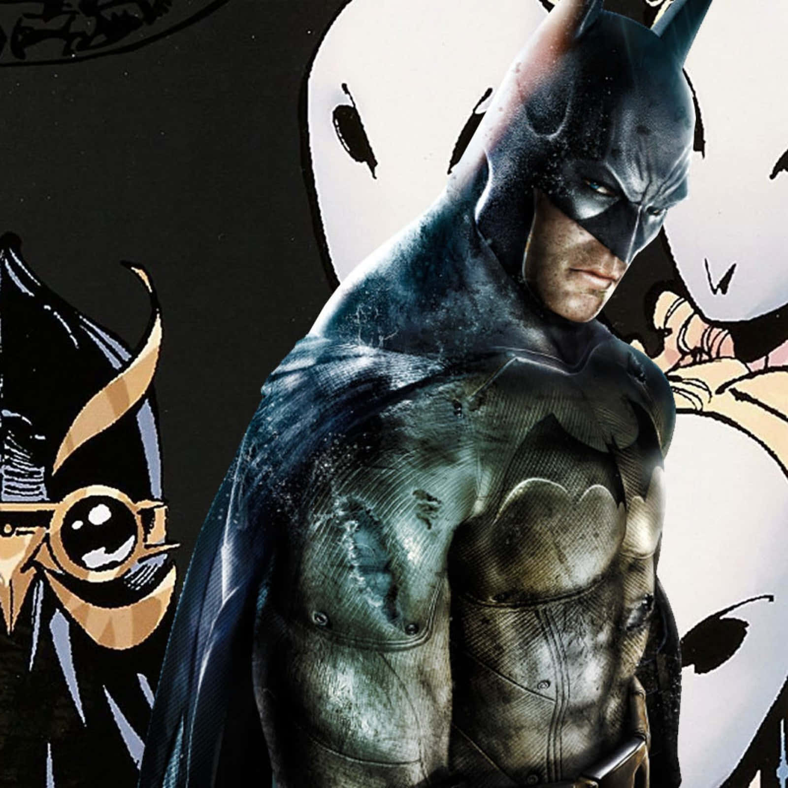 The Court Of Owls 桌布 壁紙 — 蝙蝠俠以粗獷的漫畫風格站立，身披黑色斗篷和破損的西裝，背景是風格化的月亮。