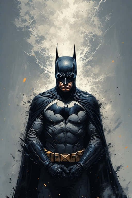 Dark Batman Symbolism Wallpaper 8K 壁紙 — 蝙蝠俠以英雄姿態站立，背景是裂開的灰色天空，周圍有發光的橙色火花飛舞。