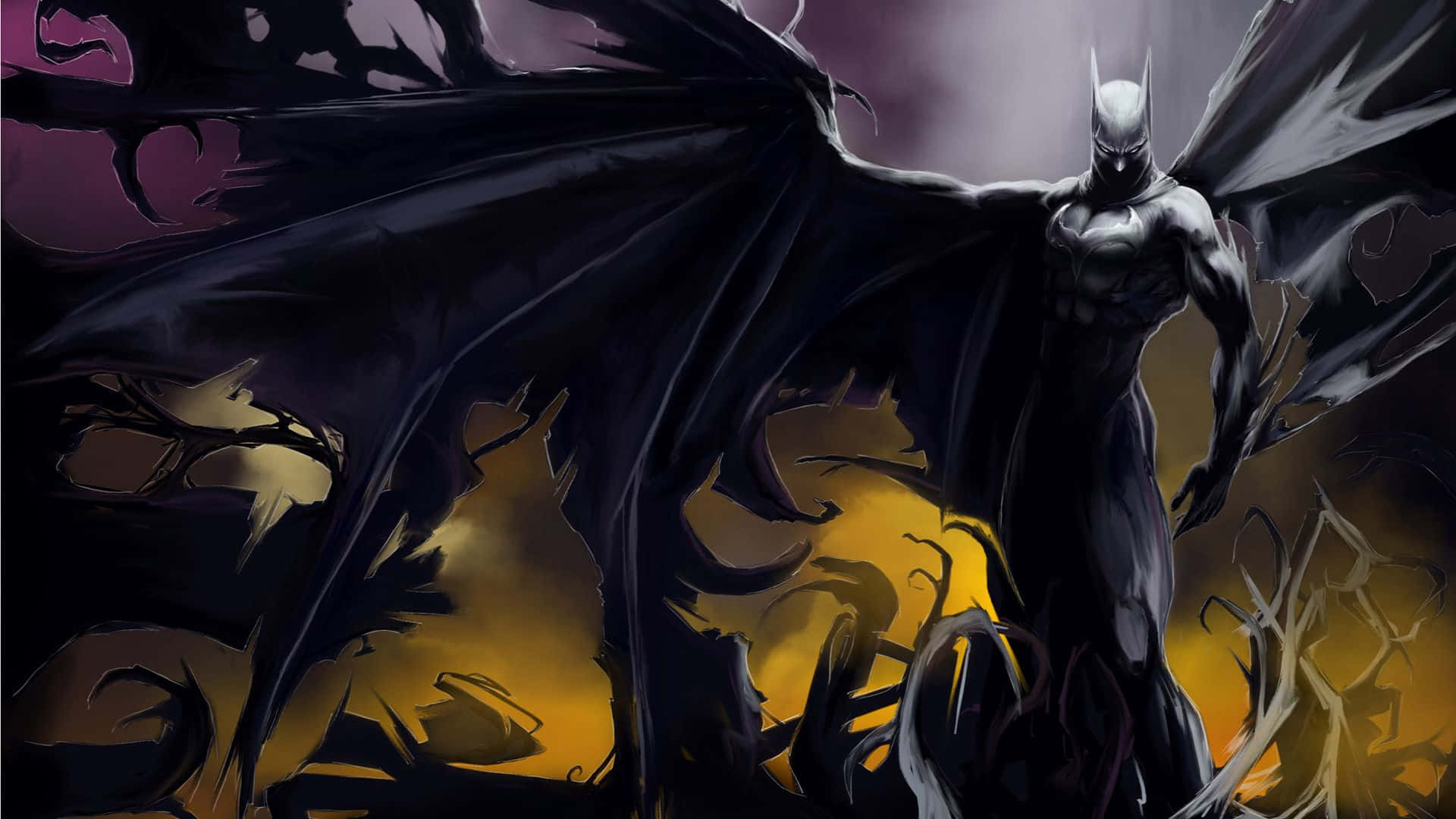 Animated Superhero Movies 桌布 壁紙 — 蝙蝠俠以蝙蝠般的翅膀展開，威嚴地站在熾熱橙色和深紫色暴風雨背景前。