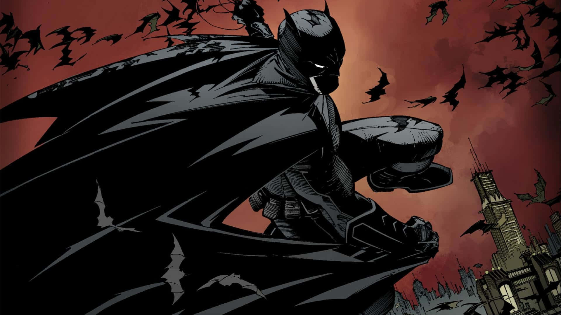 The Court Of Owls 桌布 壁紙 — 蝙蝠俠以血紅色天空為背景，呈現剪影姿態，蝙蝠在他周圍成群飛舞，籠罩著高譚市的天際線。