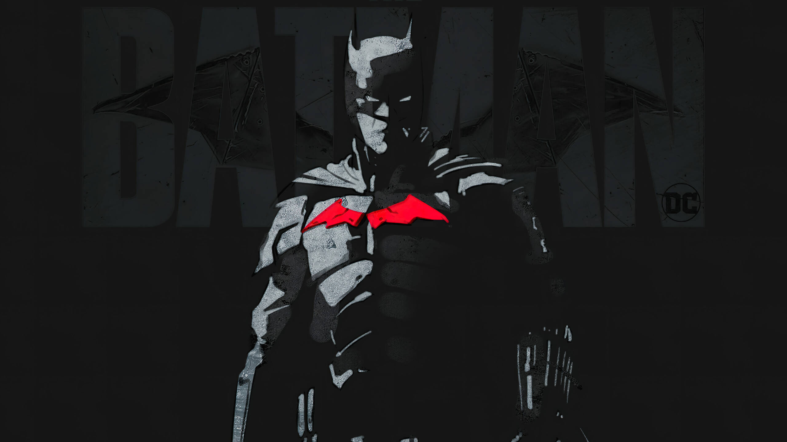 The Batman 桌布 壁紙 — 蝙蝠俠以陰影剪影姿態站立，在黑暗粗糙的背景上帶有發光的紅色蝙蝠標誌。