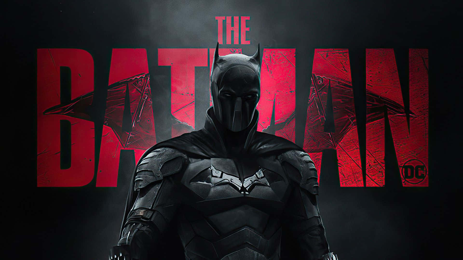 1920 X 1080 Batman 桌布 壁紙 — 蝙蝠俠以陰影剪影站在帶有DC標誌的裂紋紅色標題背景前。