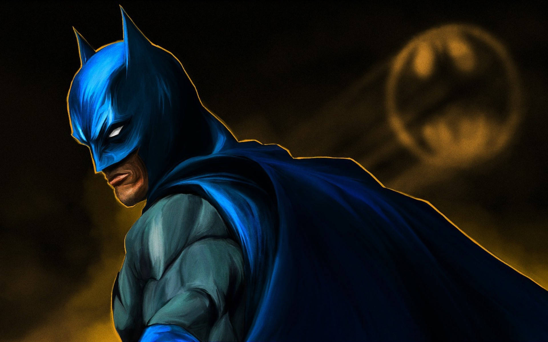 HD superhero 桌布 壁紙 — 蝙蝠俠以陰影剪影站立，身後有發光的黃色蝙蝠標誌，背景為深色。