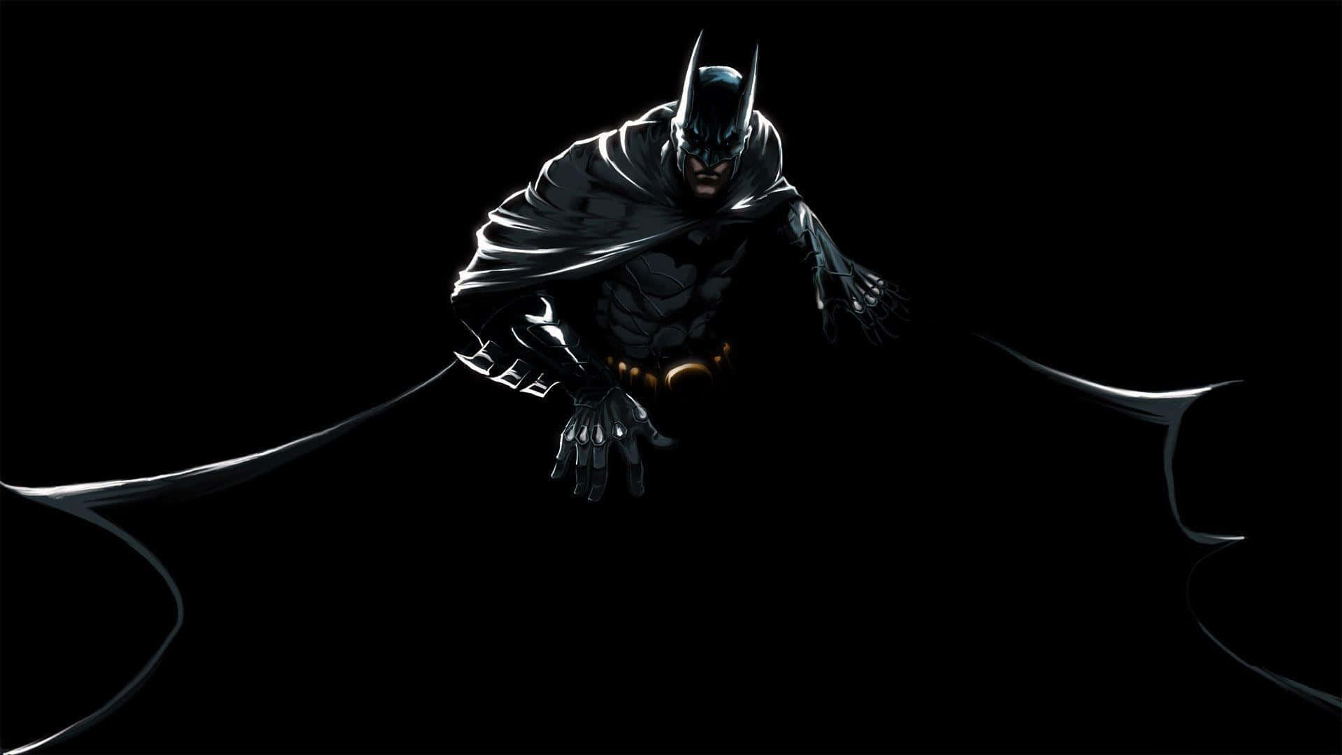 Awesome Batman 桌布 壁紙 — 蝙蝠俠以陰影剪影蹲伏在黑色背景前，斗篷戲劇性地飄動。