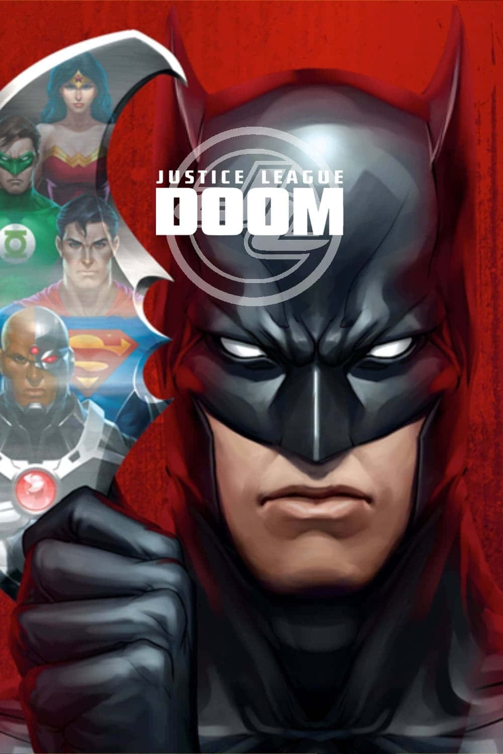Justice League Doom 桌布 壁紙 — 蝙蝠俠以陰沉的表情專注地向前凝視，正義聯盟在戲劇性的漫畫封面上面臨毀滅。