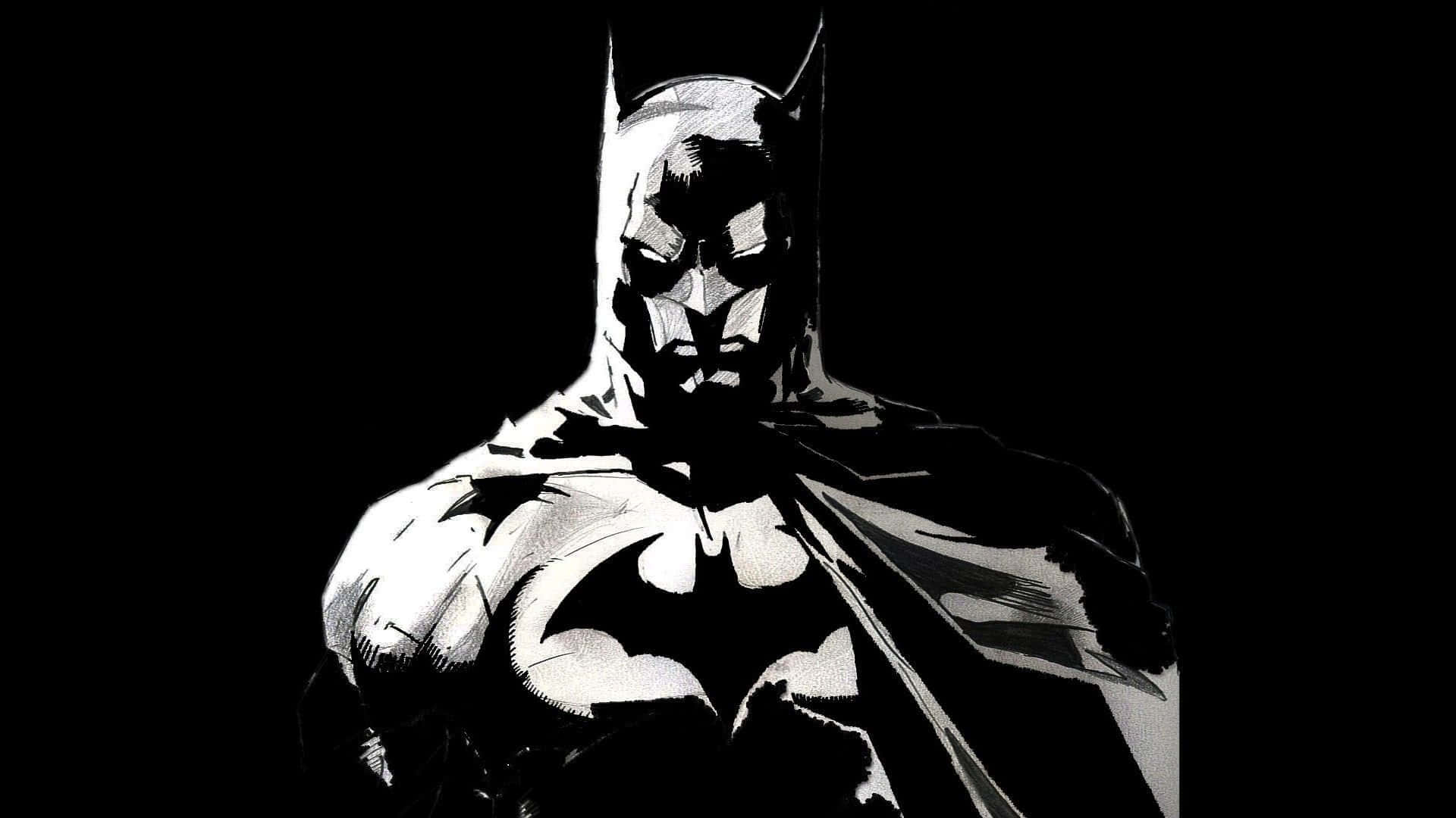 Batman Black And White 桌布 壁紙 — 蝙蝠俠以鮮明的黑白對比站立，披著戲劇性的斗篷，眼神銳利，背景深色。