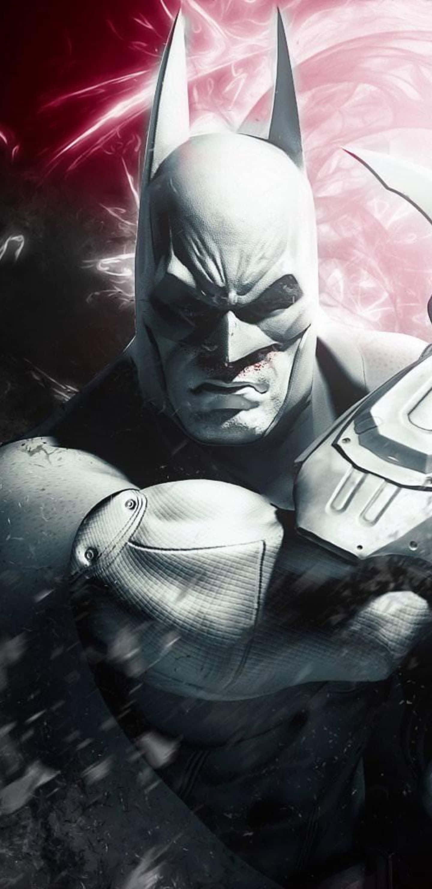 Pixel 3xl Batman Arkham City 桌布 壁紙 — 蝙蝠俠以黑暗、粗獷的姿態站立，身後有紅色和粉紅色的能量旋轉，他的裝甲服在戲劇性的燈光下閃閃發光。