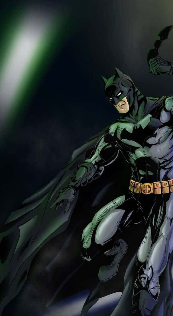 Batman The New 52 桌布 壁紙 — 蝙蝠俠以黑暗、陰沉的姿勢站立，身後有一道綠色光束劃破陰影。