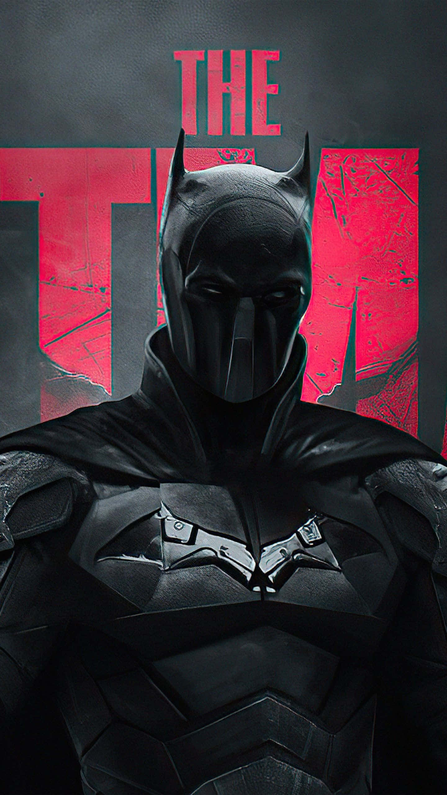 Awesome Batman 桌布 壁紙 — 蝙蝠俠以黑暗粗獷的姿勢站立，身後有紅色「THE T」文字，呈現電影式漫畫風格。