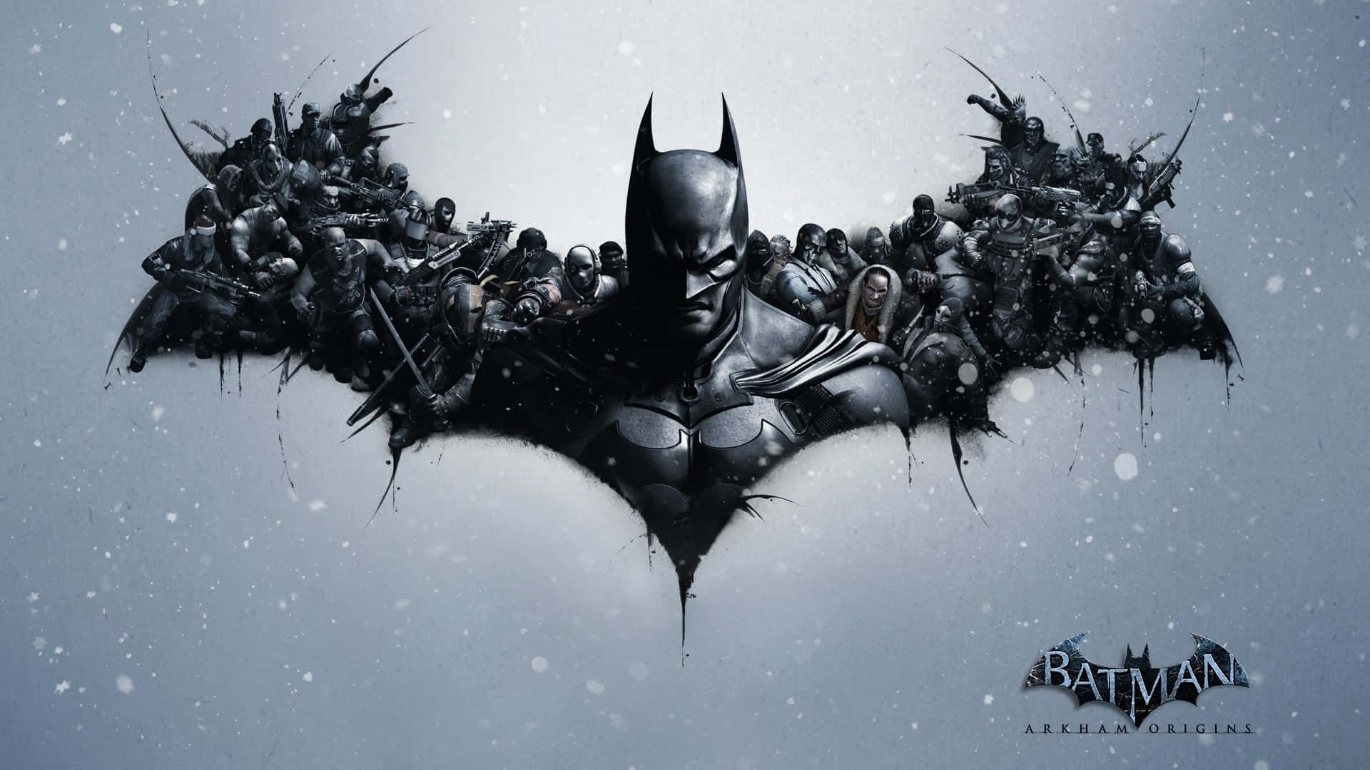 Awesome Batman 桌布 壁紙 — 蝙蝠俠以黑暗蝙蝠剪影的形式站立，由他的武裝盟友軍隊在雪灰色背景下形成。