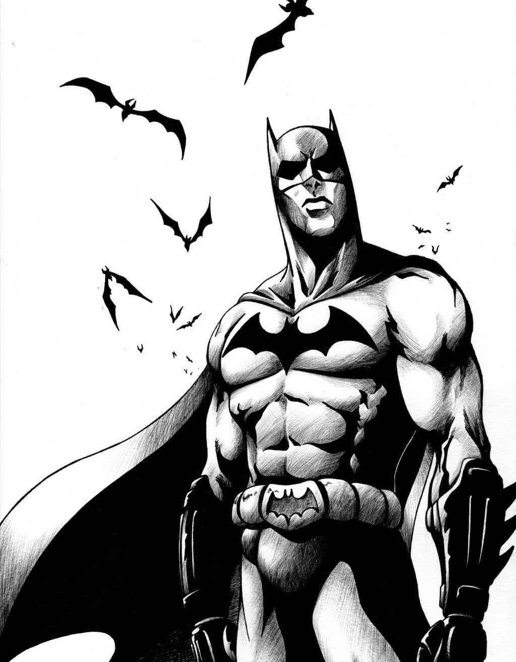 Batman Black And White 桌布 壁紙 — 蝙蝠俠以黑白形象強勢站立，蝙蝠在他周圍飛翔，背景是純白色。