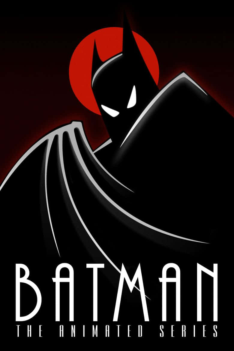 Batman Animated Adventures 桌布 壁紙 — 蝙蝠俠剪影，白色發光眼睛，在紅色太陽背景下，以大膽的動畫海報呈現。