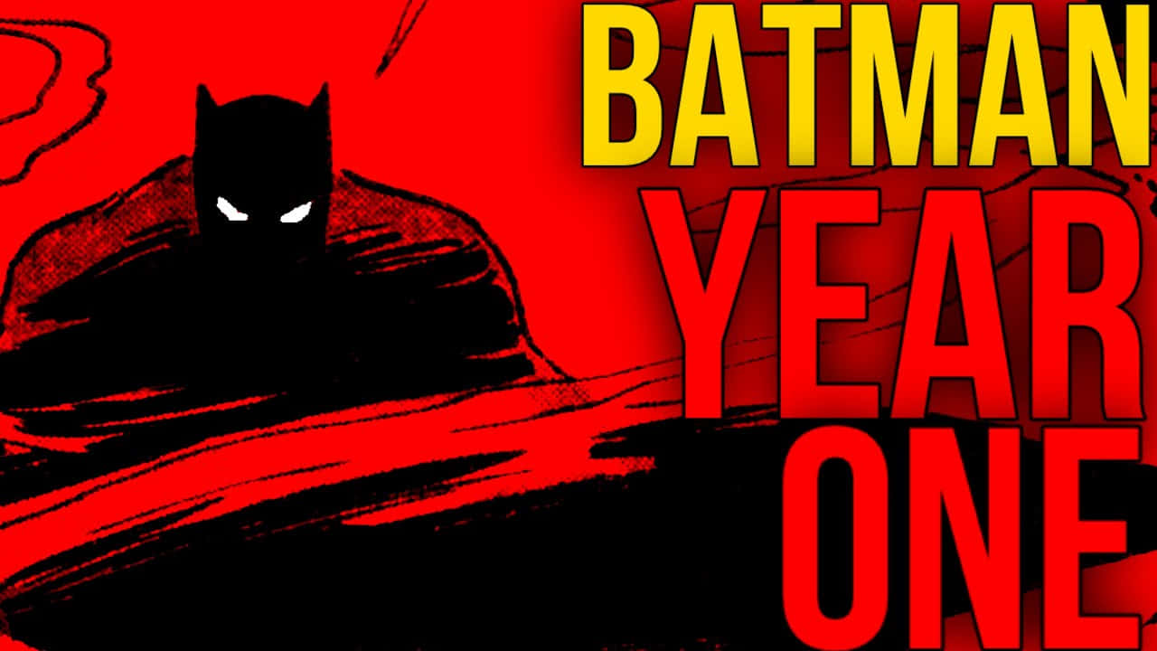 Batman Year One 桌布 壁紙 — 蝙蝠俠剪影，眼睛發光，背景為大膽的紅色，帶有「BATMAN YEAR ONE」文字。