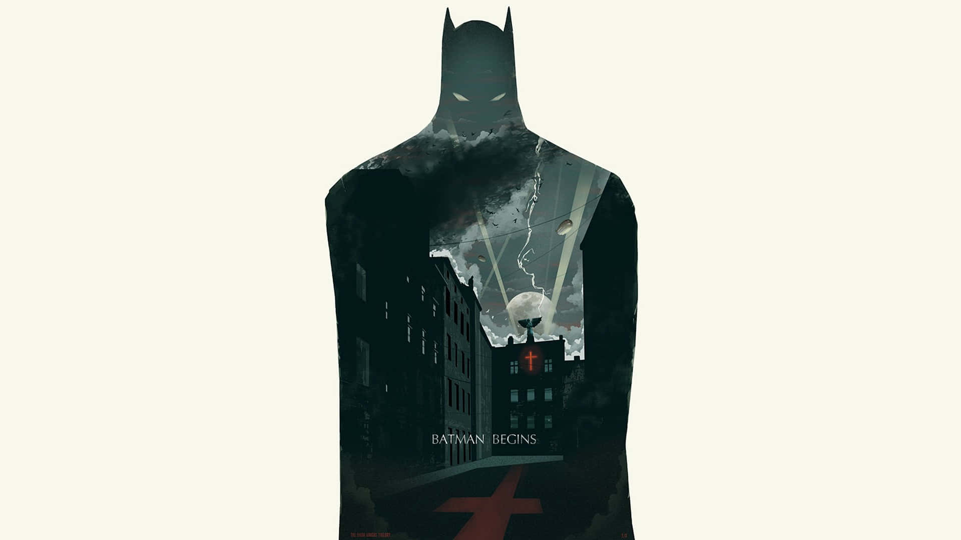 Bruce Wayne 桌布 壁紙 — 蝙蝠俠剪影，高譚天際線和月亮在他的軀幹內，下方標題蝙蝠俠：開戰時刻。