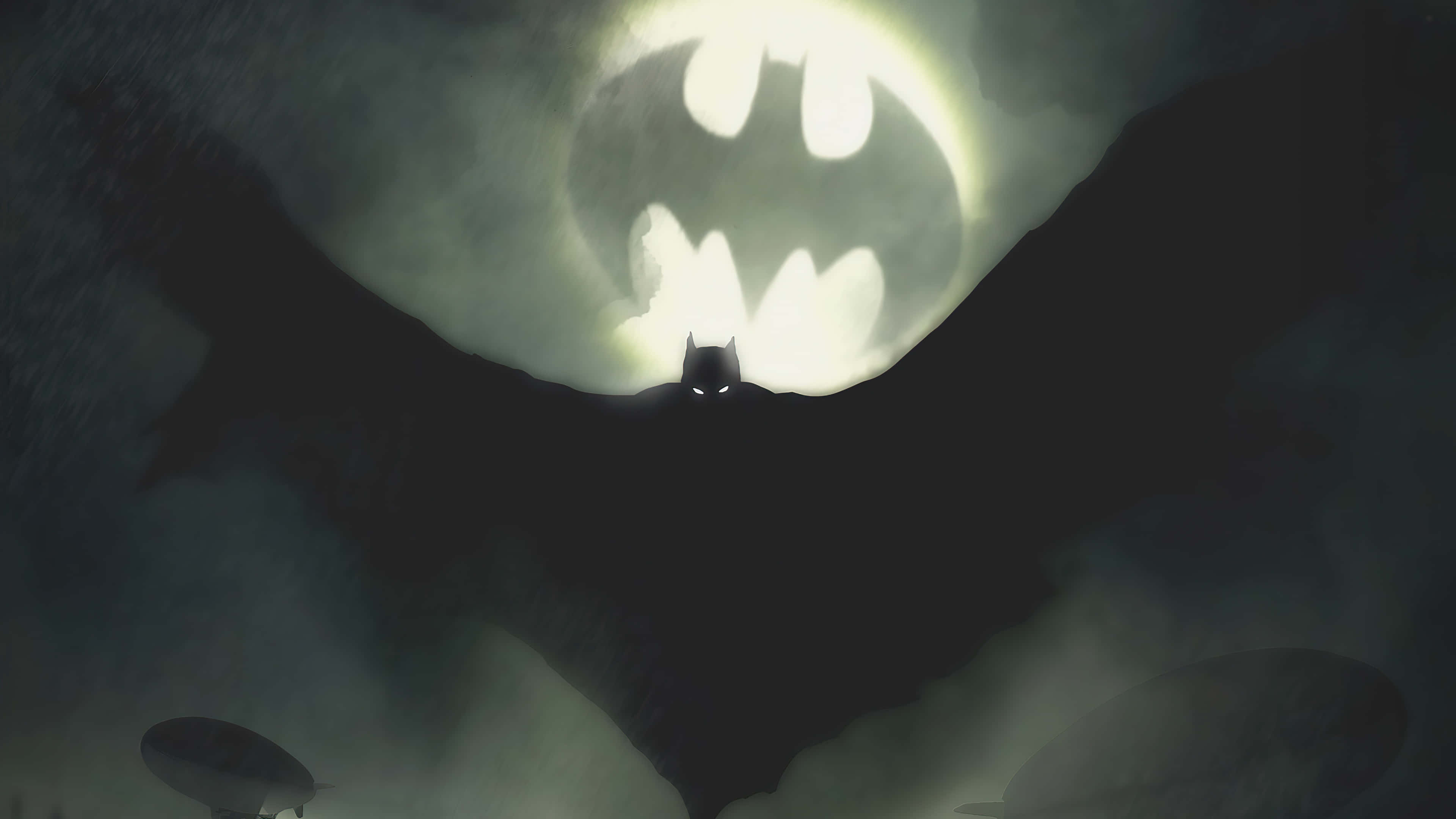 bat 桌布 壁紙 — 蝙蝠俠剪影在迷霧夜空中，對著發光的蝙蝠標誌背景翱翔。
