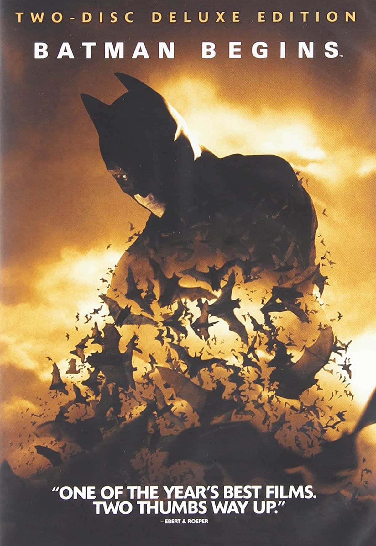 Batman Begins 桌布 壁紙 — 蝙蝠俠剪影從蝙蝠群中浮現，背景是火焰般的金色天空，電影海報風格。