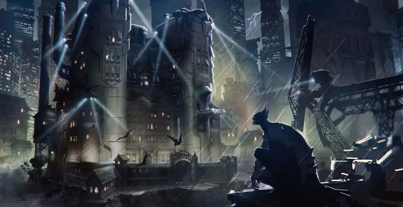 Gotham City 桌布 壁紙 — 蝙蝠俠剪影映襯著雨濕的高譚市天際線，閃電劃過哥德式建築。