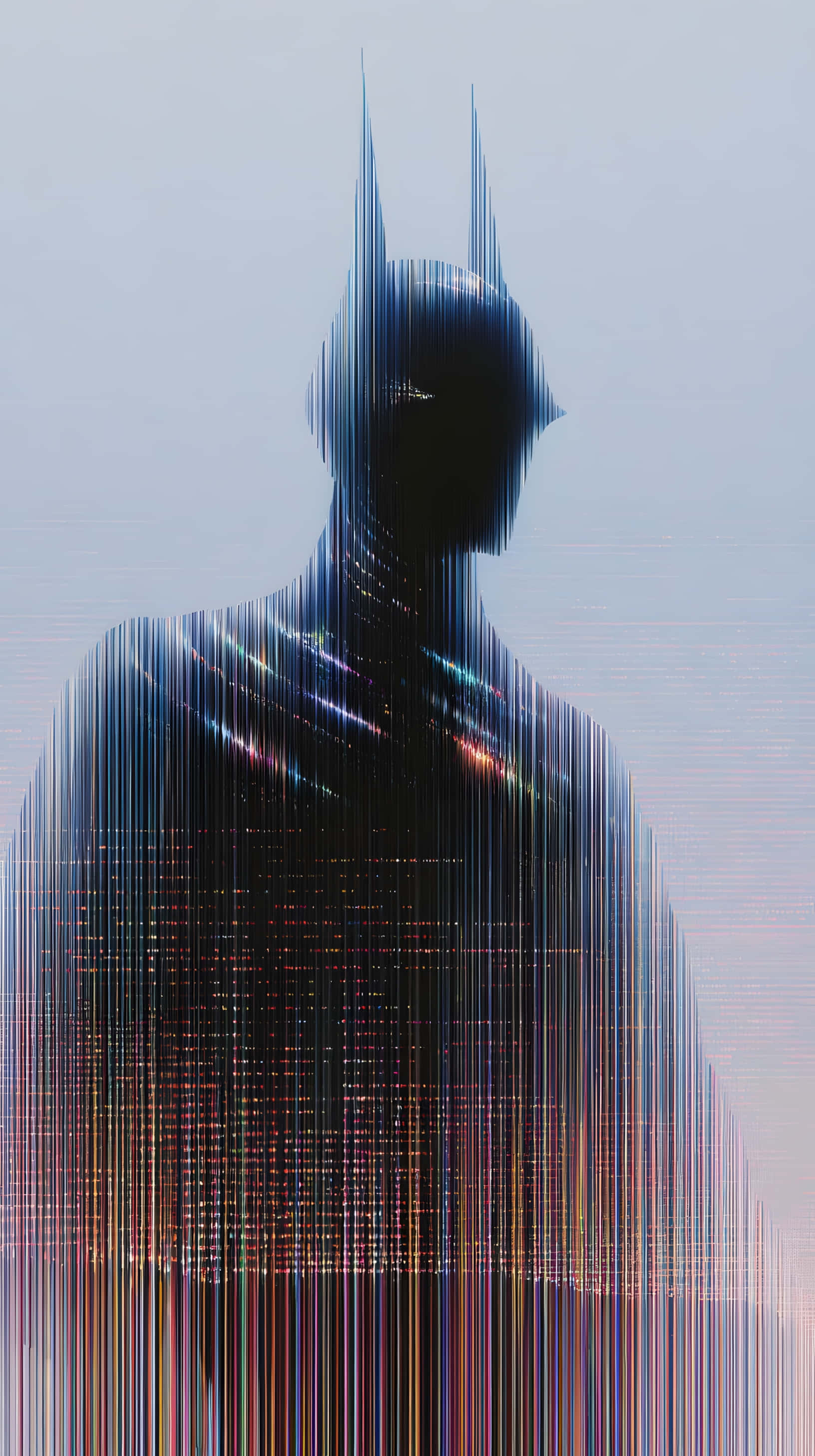 Glitch Trippy Dark Aesthetic 桌布 壁紙 — 蝙蝠俠剪影被垂直故障線條打碎，映襯著蒼白的天空，帶有霓虹光條紋。