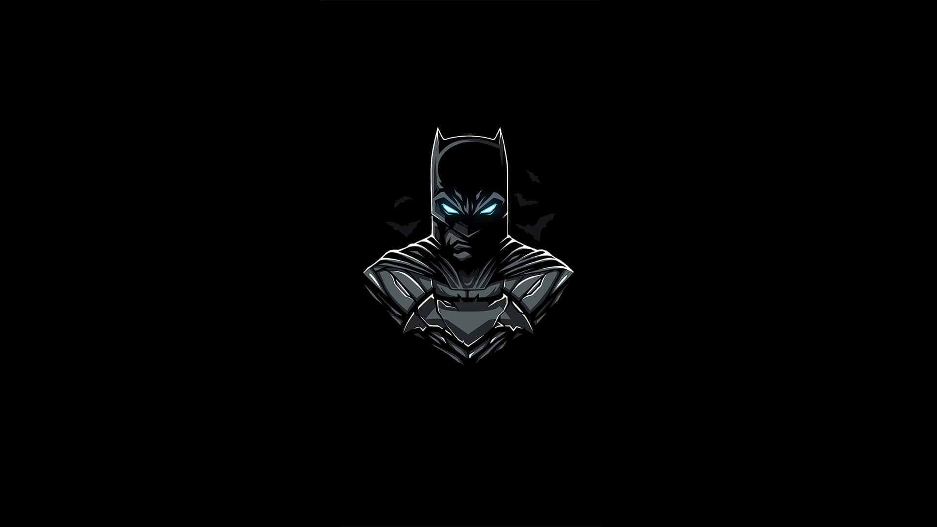 1920 X 1080 Batman 桌布 壁紙 — 蝙蝠俠半身像，藍色眼睛發光，背景為純黑色，帶有微妙的蝙蝠剪影。