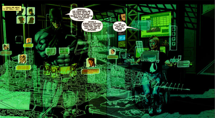 Batman War Games 桌布 壁紙 — 蝙蝠俠和一位坐輪椅的女性正在高科技控制室中分析一個發光的綠色全息城市地圖。