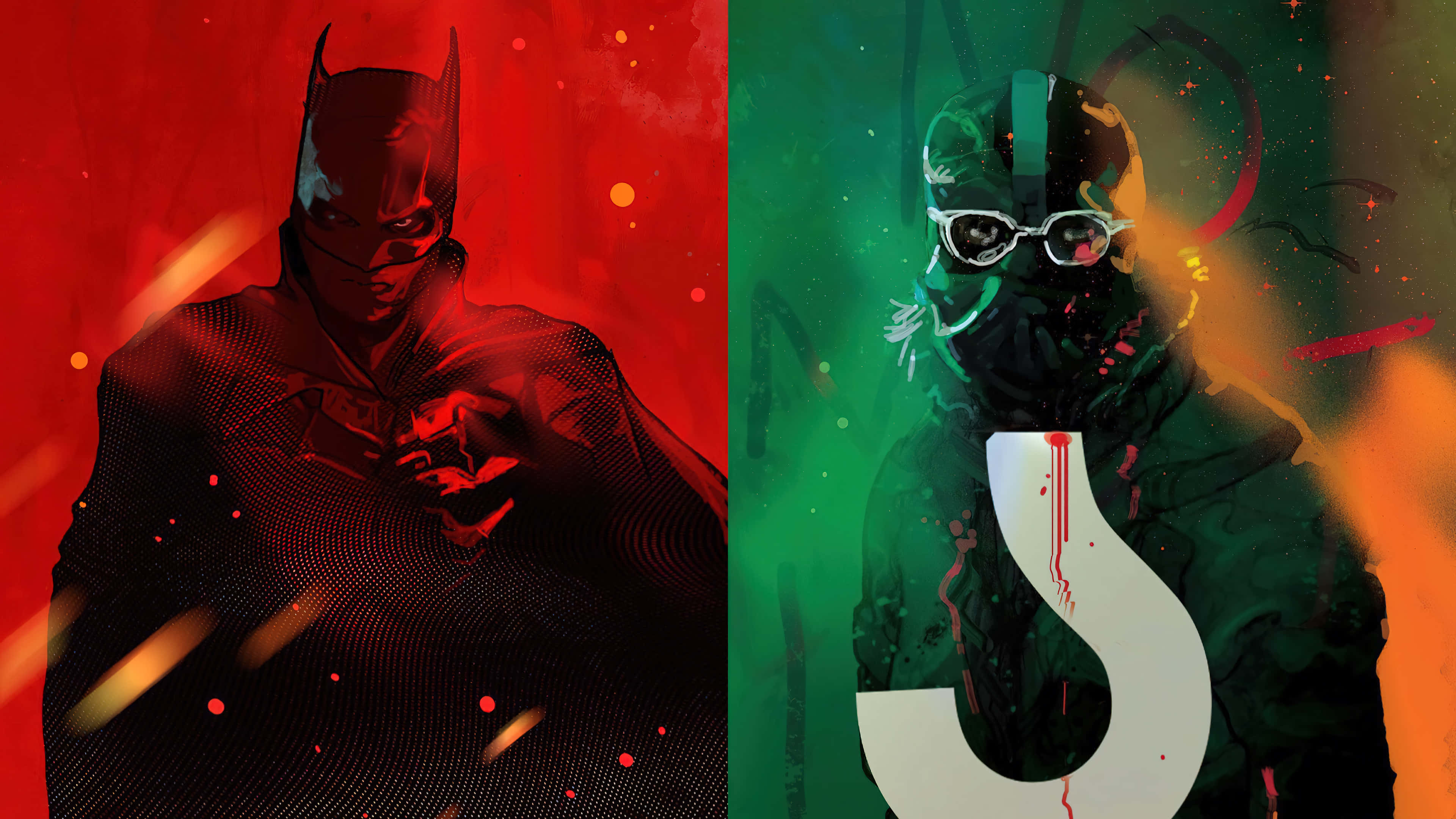 The Riddler 2022 桌布 壁紙 — 蝙蝠俠和一個戴面具的人物，在對比的紅色和綠色背景中，帶有動態燈光和飛濺效果。