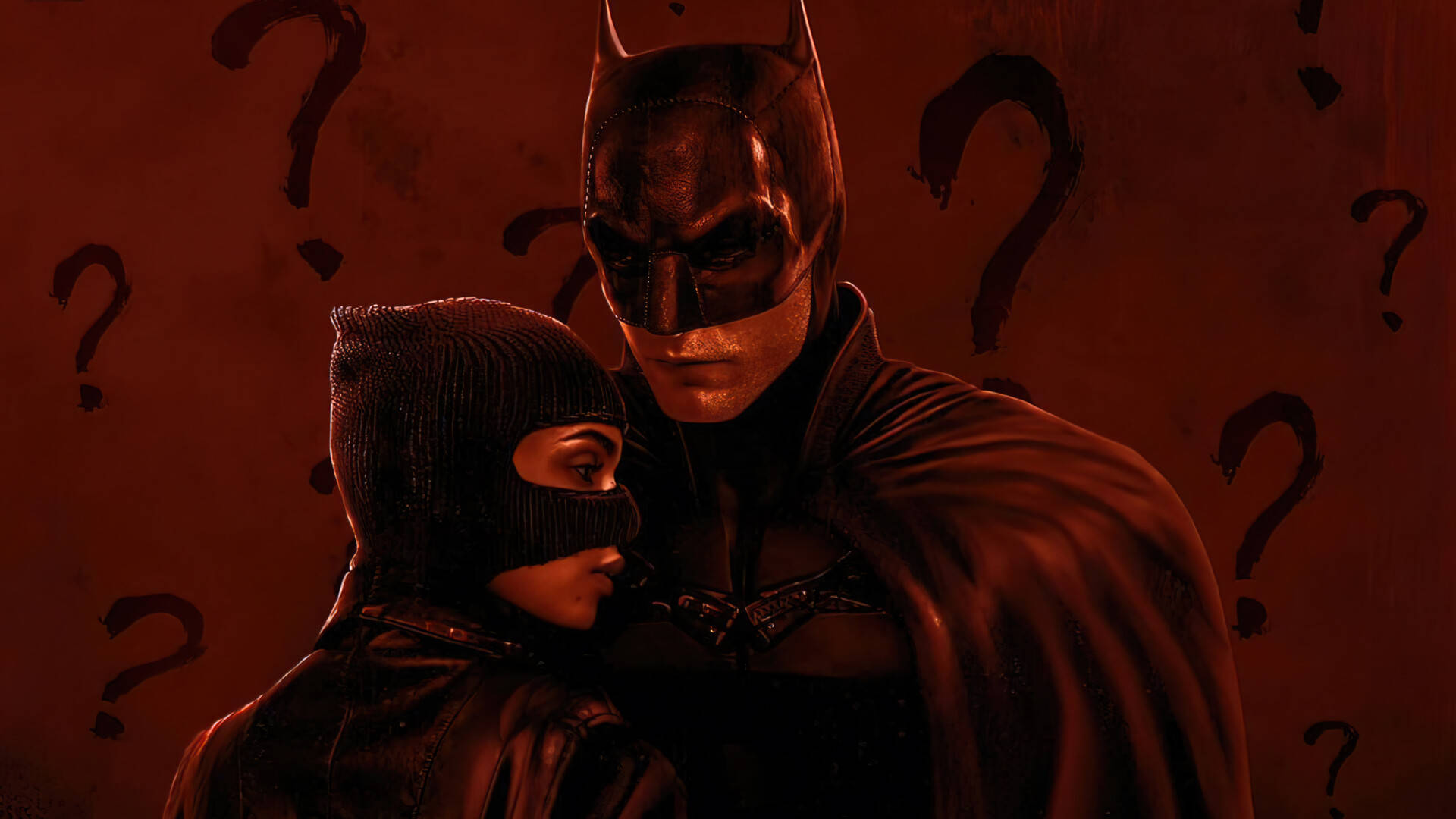 Catwoman 桌布 壁紙 — 蝙蝠俠和一個戴面具的人物在昏暗的紅光房間中靠近站立，周圍漂浮著巨大的問號。