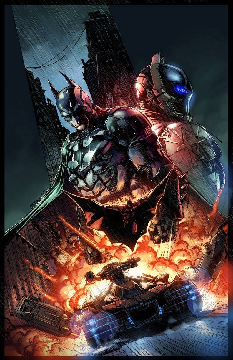 batman arkham city iPhone 桌布 壁紙 — 蝙蝠俠和一個機械裝甲人物在雨濕的城市小巷中，夜晚站在一場火熱的爆炸之中。